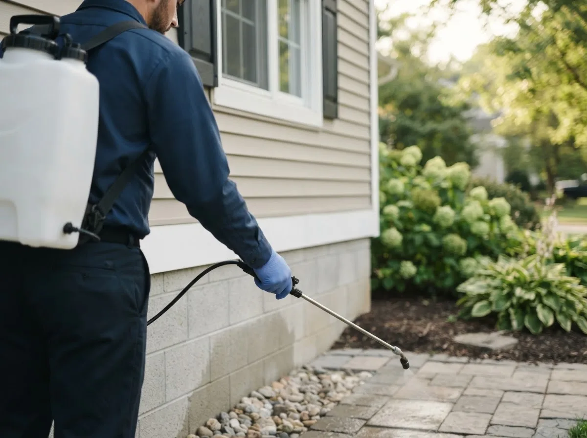 Pest control technician inspecting a home in Neoga, IL